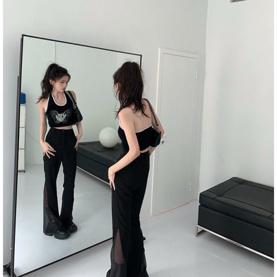 ℡☇◘Áo Hai Dây Ngắn Mỏng Ôm Dáng Màu Đen Trơn Phong Cách Desire Thời Trang Mùa Hè Cho Nữ