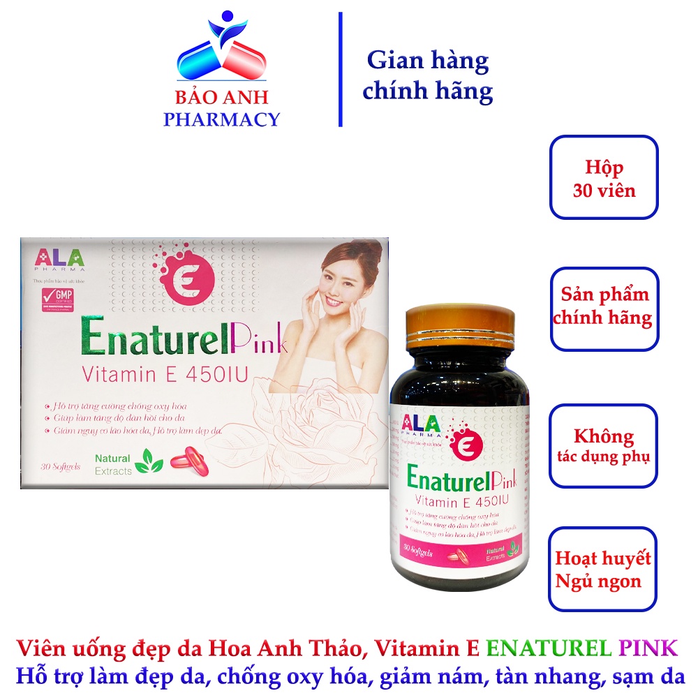 Viên uống Hoa anh thảo, Vitamin E - Enaturel Pink, giúp làm tăng độ đàn hồi cho da, giảm lão hóa da, làm đẹp da – Hộp 30