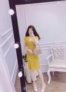 Váy ren lưới khuy ngọc cổ V