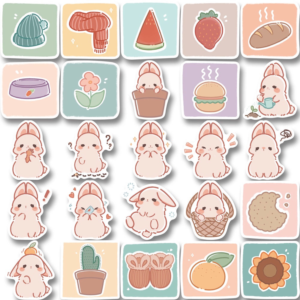 Set 50 chiếc sticker chống thấm nước THỎ HỒNG DỄ THƯƠNG ÔM CÀ RỐT dán mũ bảo hiểm, laptop, vali, đàn