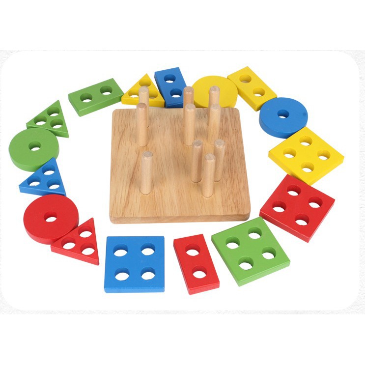 Thả Trụ Montessori Đồ Chơi Gỗ Thả Hình 4 Trụ Vuông Tròn Tam Giác Chữ Nhật Cho Bé