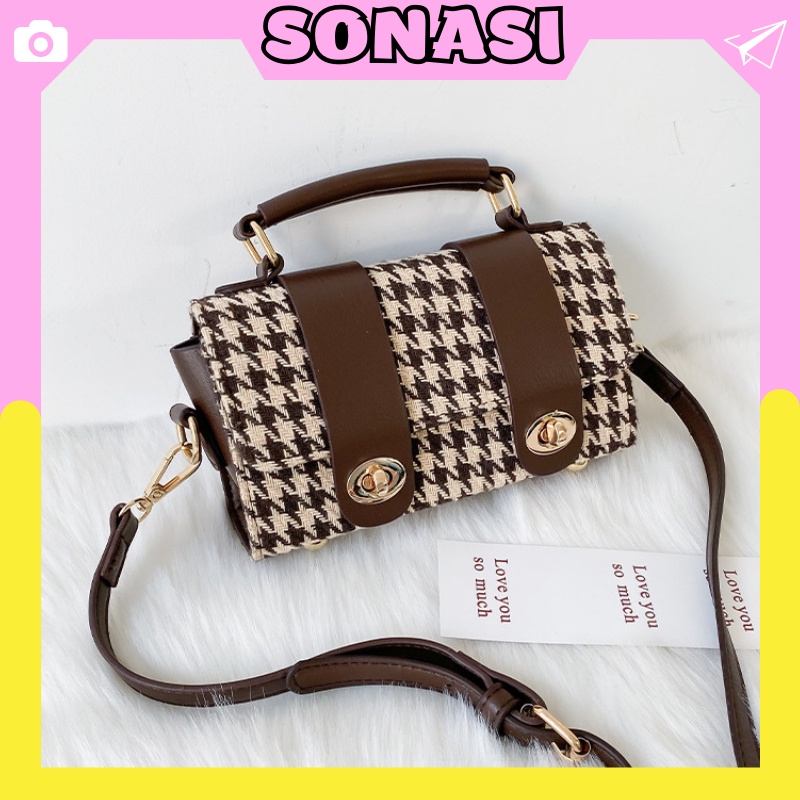 Túi xách mini đeo chéo hình tròn kẻ caro khoá xoay đẹp Sonasi TXN0012