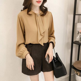 Áo chiffon nữ tay phồng cổ đứng
