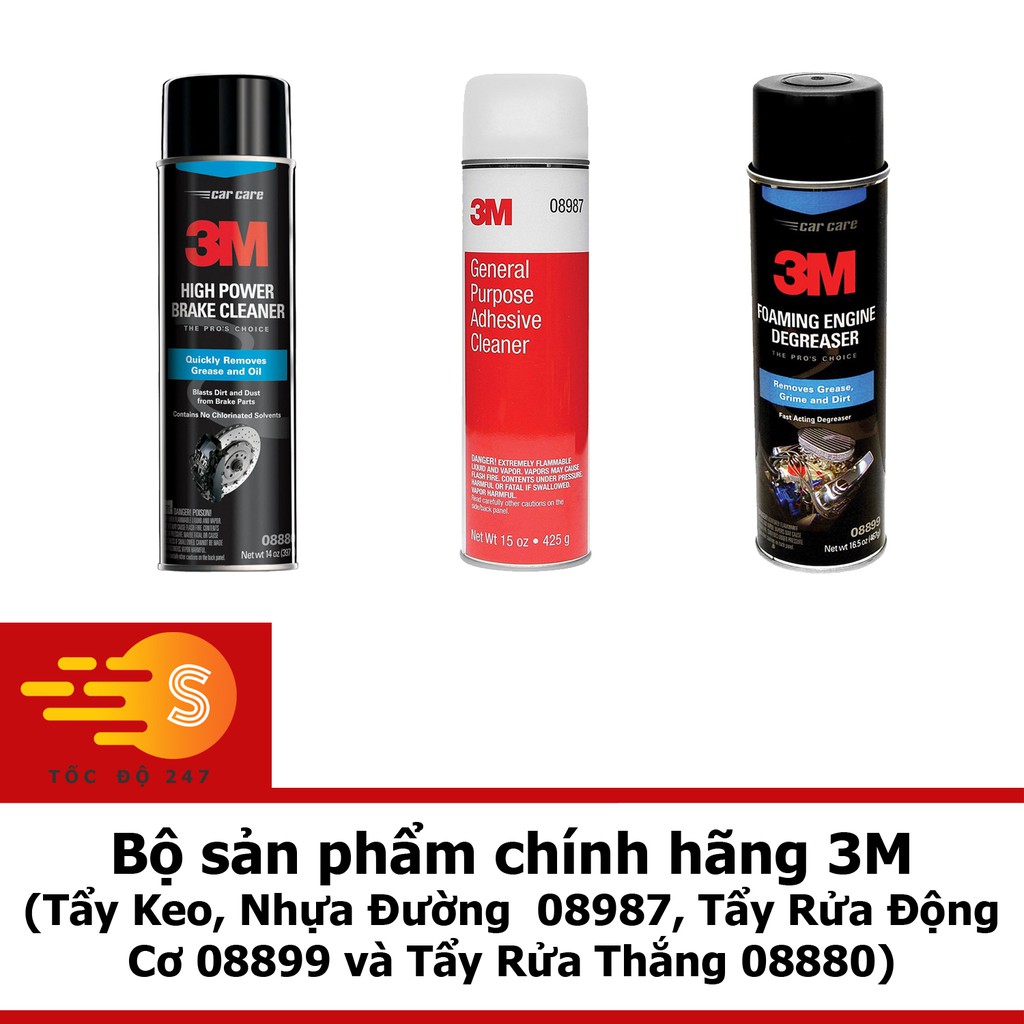 Bộ sản phẩm 3M Tẩy Keo, Nhựa Đường 08987, Tẩy Rửa Động Cơ 08899 và Tẩy Rửa Thắng 08880