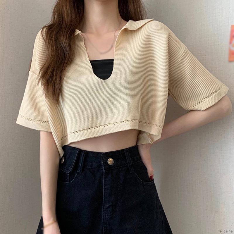 Áo Croptop Dệt Kim Tay Ngắn Dáng Rộng Cổ Chữ V Thời Trang Cho Nữ