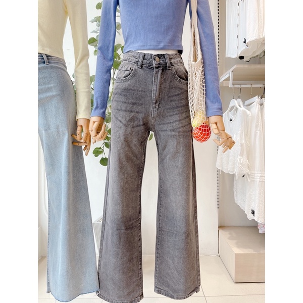 Quần jeans nữ MIEU xám dáng suông lưng mài rách - JA21