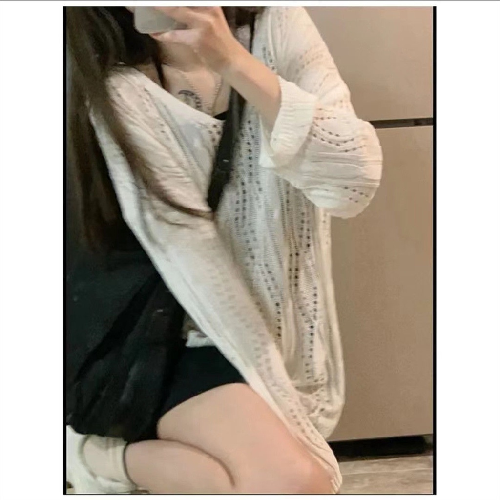 Áo Dệt Kim Tay Dài Dáng Rộng Cổ Chữ V Hở Lưng Thời Trang Cho Nữ