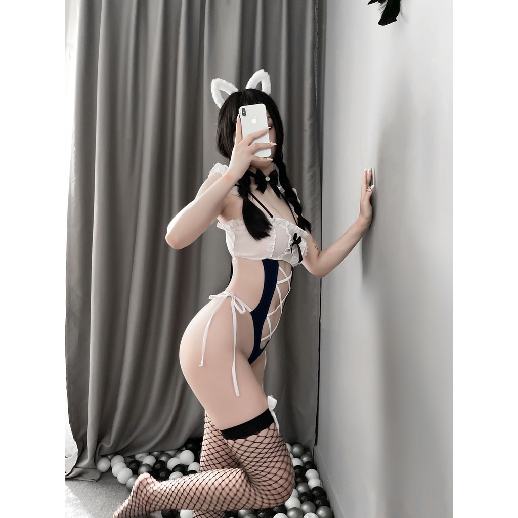 Bộ đồ ngủ bodysuit áo liền quần hóa trang cô hầu gái quyến rũ dễ thương cho nữ ko bao gồm vớ