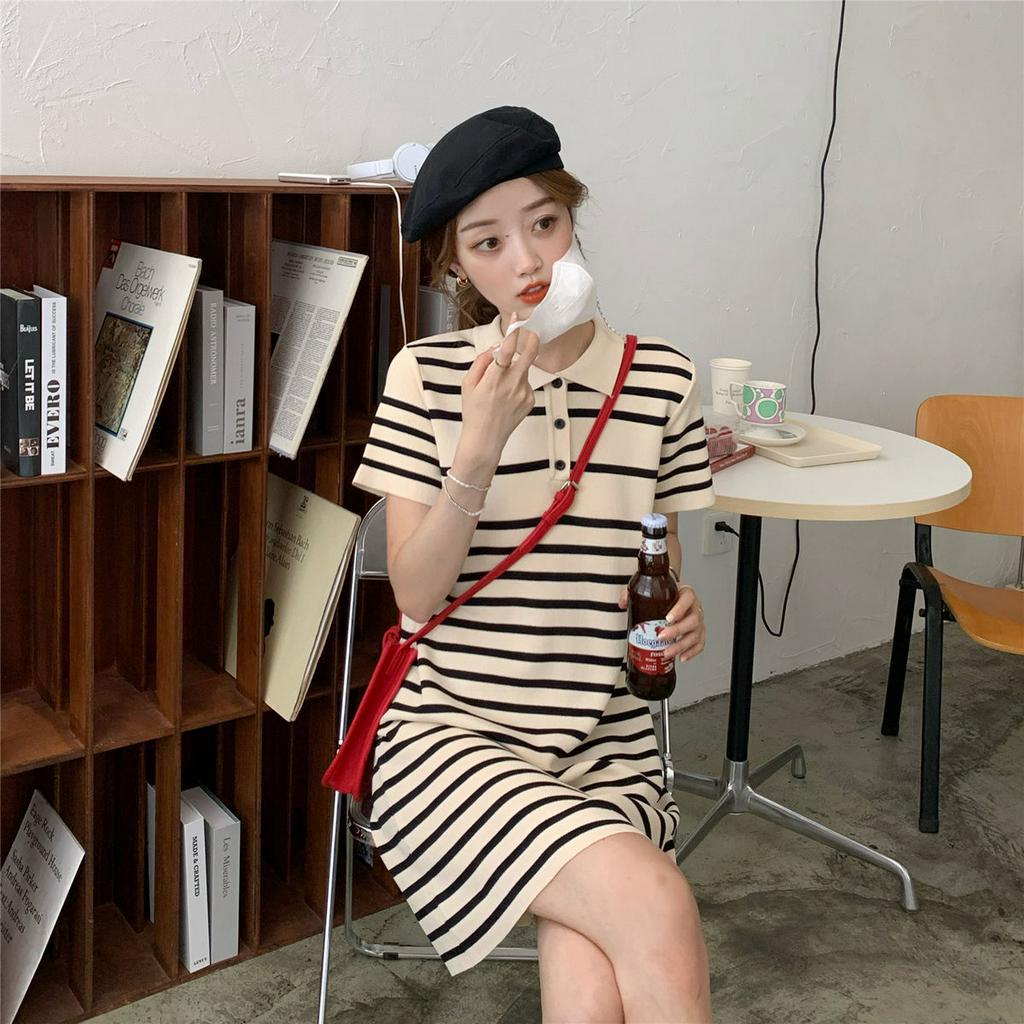 Đầm Thun Polo Ngắn Tay Sọc Ngang Thời Trang Cho Nữ váy