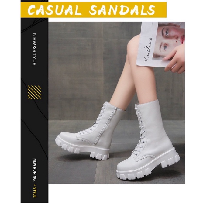Giày da boot bốt Martin cổ cao- Giầy cao gót độn đế thời trang phong cách Hàn Quốc đế 5.5Cm