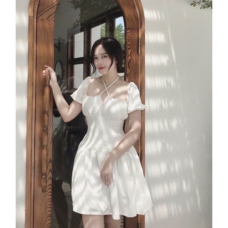 Váy Cổ Yếm Buộc Dây Ulzzang, Đầm Nữ Dáng Xoè Cổ Vuông Kèm Ảnh Thật