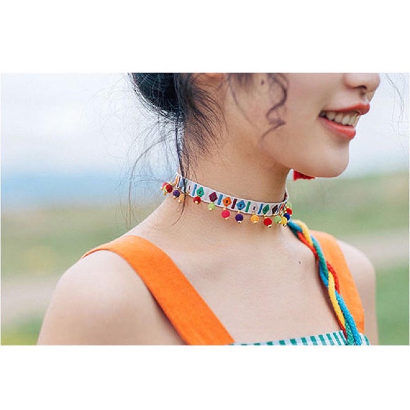 Vòng cổ boho hạt nhiều màu - choker thổ cẩm