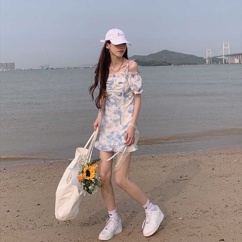 Đầm IELGY tay ngắn họa tiết hoa màu loang dáng ôm dành cho nữ
