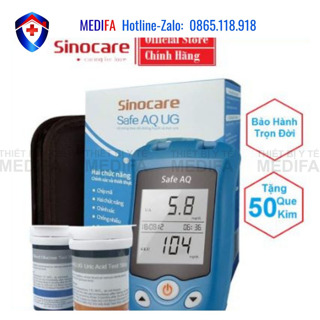 Máy Đo Tiểu Đường Và Axit Uric ( Bệnh Gút) 2 in 1 Chính Hãng Sinocare AQ UG ( Tặng 50 que đường + 50 que gút + 100 kim )