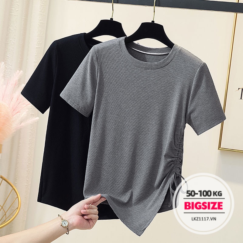 Áo thun Bigsize Áo tiểu thư form rộng tay ngắn cổ tròn thiết kế dây rút mùa hè Phong cách Hàn Quốc Thời Trang tiểu thư cá tính xinh đẹp cho người mập béo