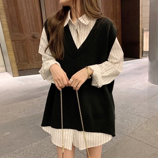 Set áo len gile + áo sơ mi oversize