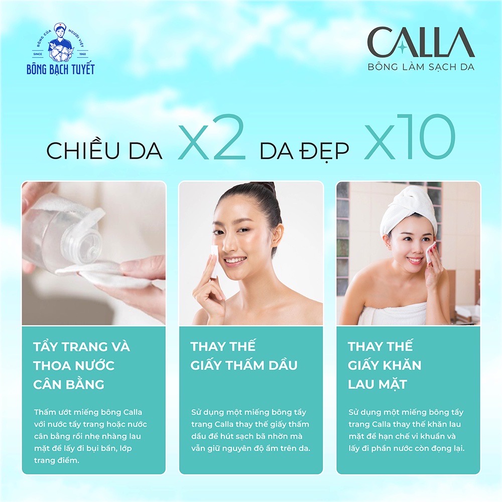 Bông tẩy trang Calla Bông Bạch Tuyết (Mẫu mới) (CHÍNH HÃNG) - Làm sạch bụi bẩn, trang điểm trên da, vải mềm, mịn, spa