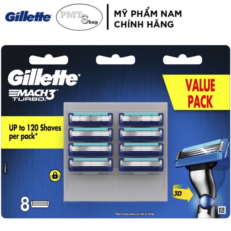 Hộp Lưỡi Dao Cạo Râu Gillette Mach 3 Turbo 3D, Sensitive, Mach3+ vỉ 8 6 4 3 2 cái - Mach3 cao cấp