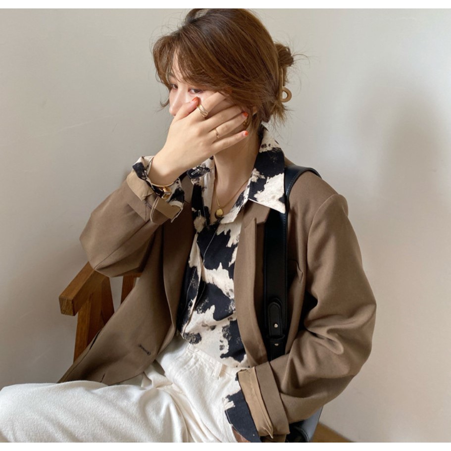 [Sẵn hàng - Freeship] Áo Sơ Mi Nữ Tay Dài Họa Tiết Bò Sữa Phong Cách Retro, Áo Sơ Mi Dáng Rộng Xinh Xắn | BigBuy360 - bigbuy360.vn