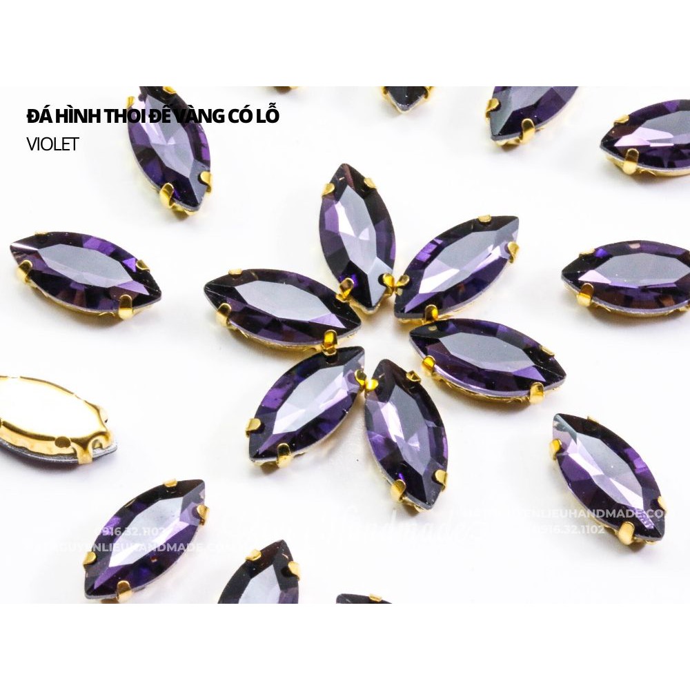 Set 10 hạt đá hình thoi đế bạc có lỗ khâu 2/2 Cici Handmade chuyên hạt đá hạt pha lê hạt cườm hạt trang sức tự làm