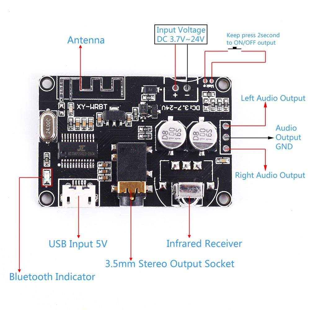 ❅☽☌BLE 5.0 Bluetooth Receiver Audio Stereo Decoder Module DC 3.7V-24V for DIY Voltage Volume Adjustable Speaker Amplifi