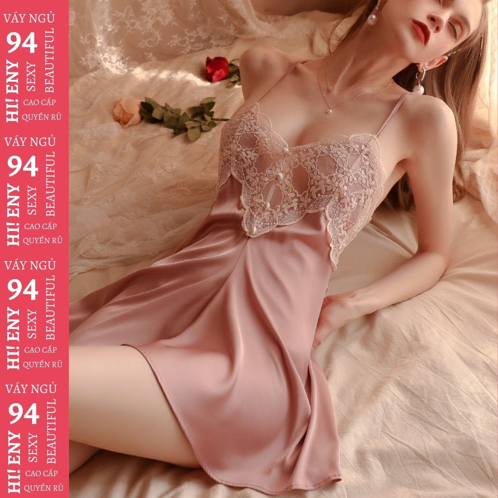 Váy ngủ 2 dây sexy Đầm ngủ lụa satin gợi cảm phối ren kèm quần chíp M38