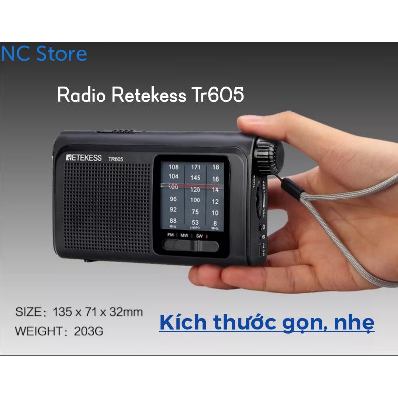 Đài chính hãng Retekess Tr605 có đèn pin, Radio FM AM, nhỏ gọn, bắt sóng cực tốt,