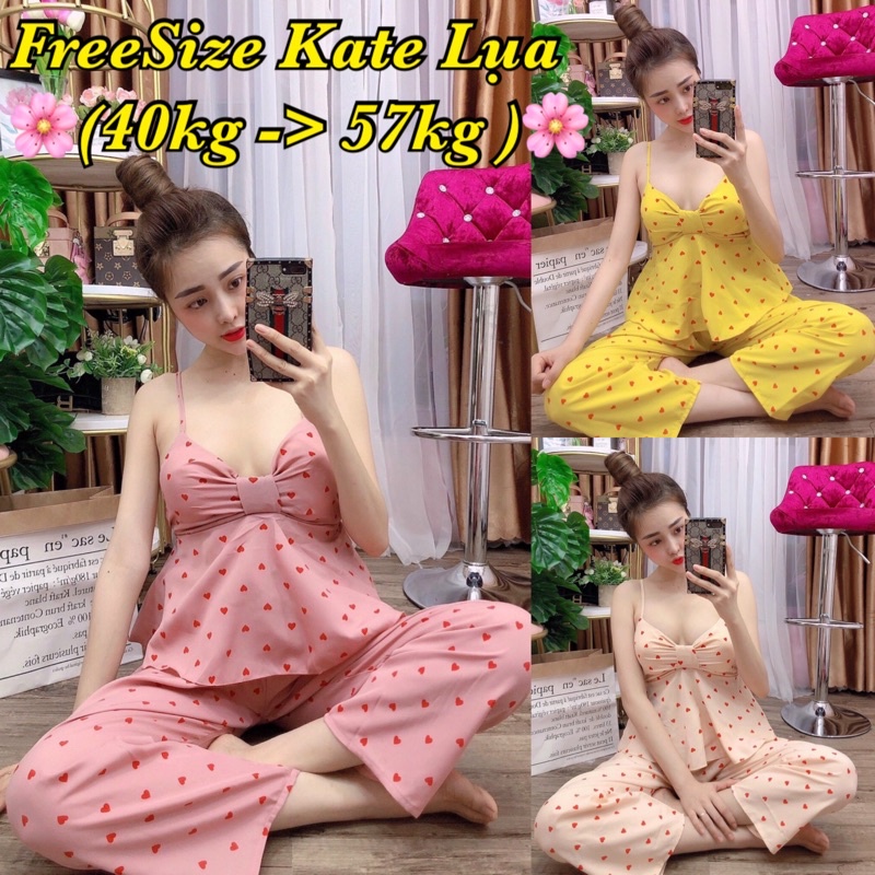 (FreeSize Lụa) Đồ Bộ Dây Kate lụa Dài Đồ Bộ Nữ mặc nhà (40kg đến 57kg)