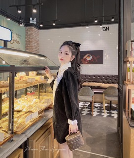 Váy Nhung Tăm Cổ Sơ Mi Ren