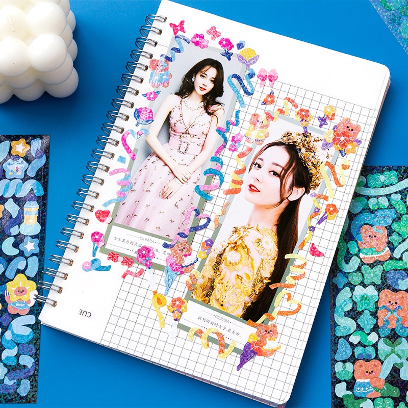 Set 2 Tấm Hình Dán Trang Trí Sổ Tay Hình Gấu Và Hoa Đáng Yêu
