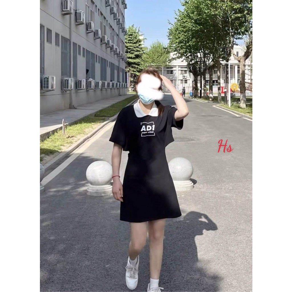 Váy body polo AD1 cổ trắng hở lưng sexy, chất cotton, Rosyhana