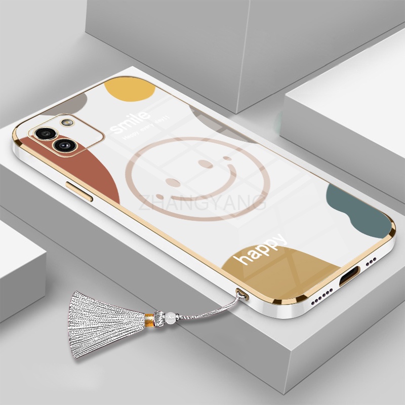 Ốp Điện Thoại TPU Silicon Mạ Điện Hình Mặt Cười Đính Tua Rua Và Dây Đeo Cho Samsung a03