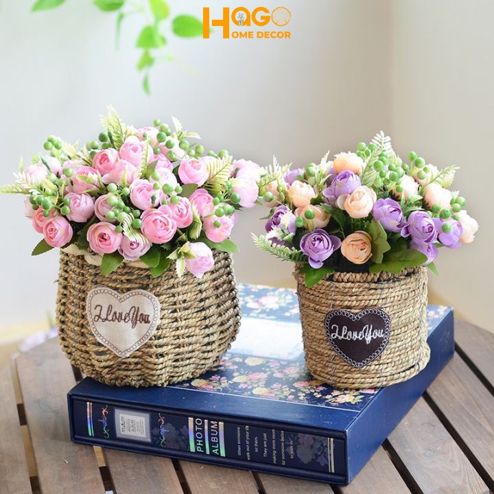 Hoa lụa, giỏ hoa mây đan cao cấp cắm sẵn nhiều mẫu phong cách Vintage