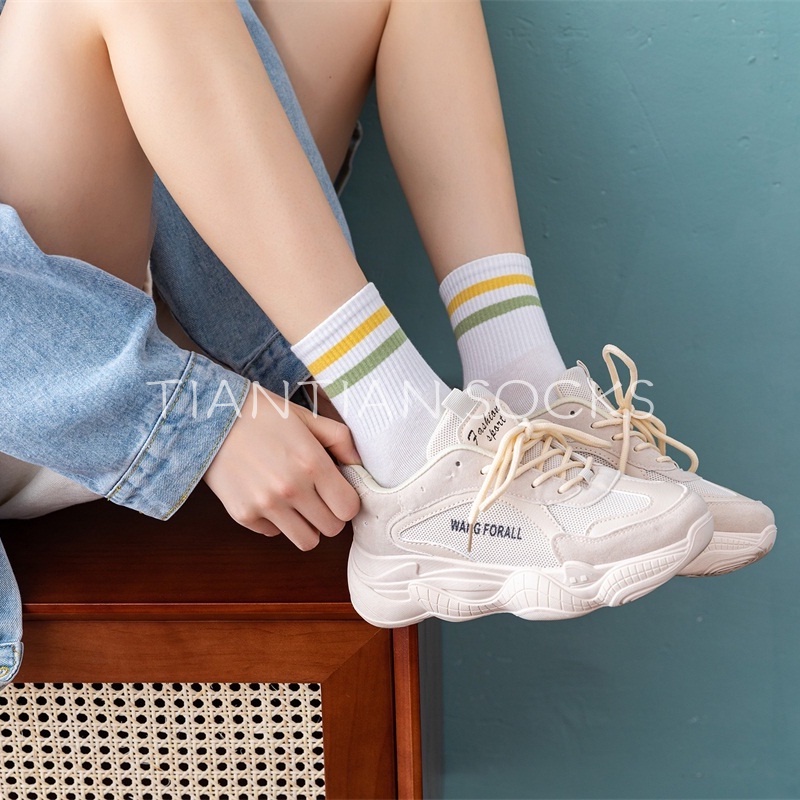 TIANTIAN T088 Hàng mới  Tất nữ Vớ Cotton thu đông màu trắng họa tiết kẻ sọc ngang  cho nữ