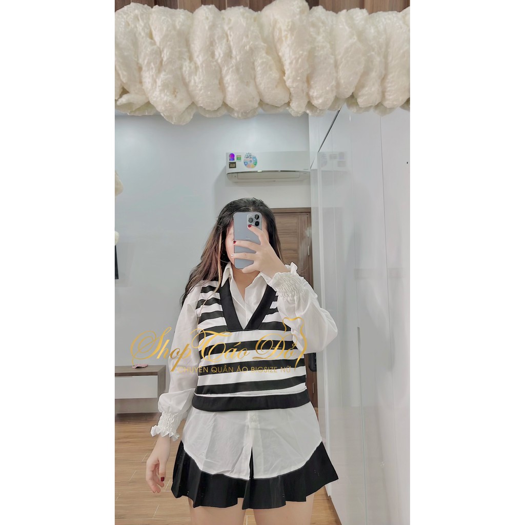 (TÁO ĐỎ BIGSIZE 55-90KG) Set áo sơ mi tay dài nhún và áo ghi lê họa tiết kẻ thời trang ( ẢNH THẬT SHOP CHỤP 100% )