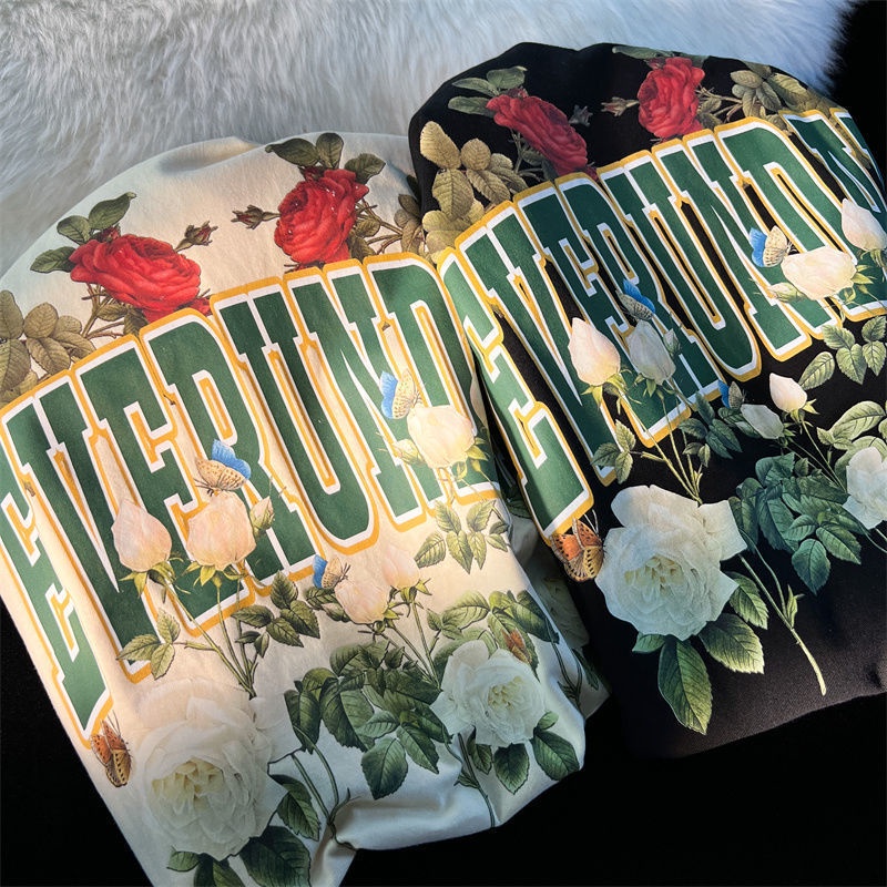 Áo Thun Tay Ngắn Dáng Rộng In Hình Hoa Hồng Vải Cotton Thời Trang Cho Cặp Đôi 100