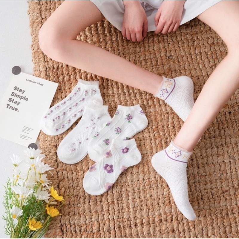 Combo 5 đôi tất cổ ngắn vintage phối giày retro kiểu Nhật harajuku sinh viên ulzzang oxford cotton converse lenvintage