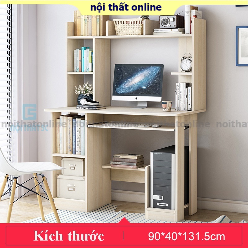 Bàn học tập làm việc MDF dễ lau chùi có hộc tủ lưu trữ đồ, bàn máy tính gỗ lắp ghép kèm giá để sách tiện lợi