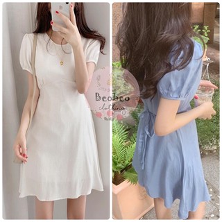 [Ảnh thật] Đầm trắng xanh tay phồng cột nơ dễ thương ulzzang