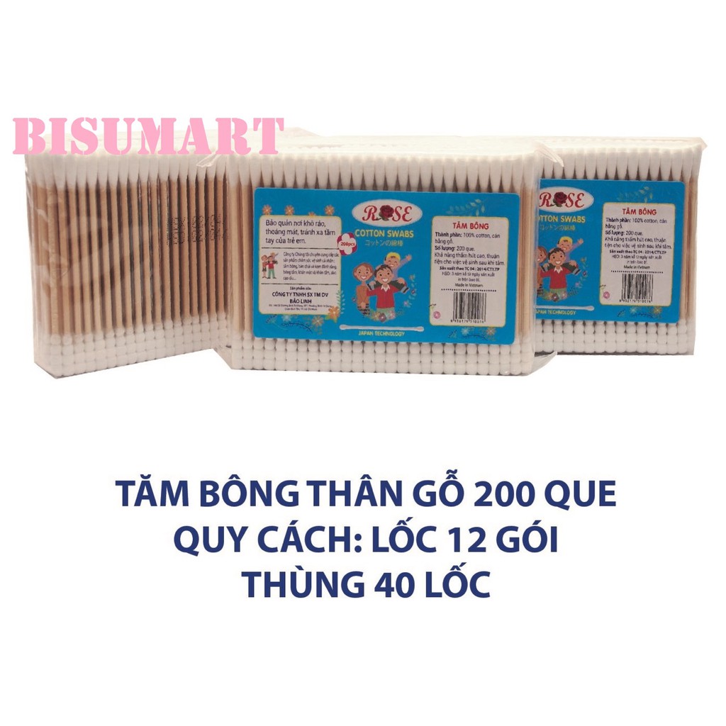 Tăm bông, bông ráy tai lõi gỗ ROSE (Bịch 200 que)