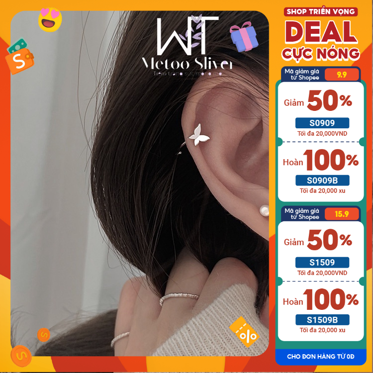Khuyên Tai Bạc Butterfly Dáng Móc Bông Tai Đơn Giản Cá Tính Khuyên Vành Metoo Sliver Accesories