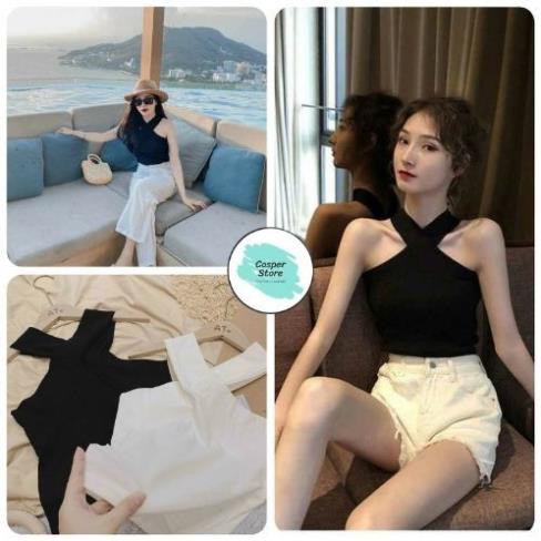 Áo Thun Body Dây Chéo Cổ ⚡ Casper.Store | FREESHIP | ⚡ Áo body thun nữ phối dây chéo cổ 2 màu TRẮNG - ĐEN  ྇