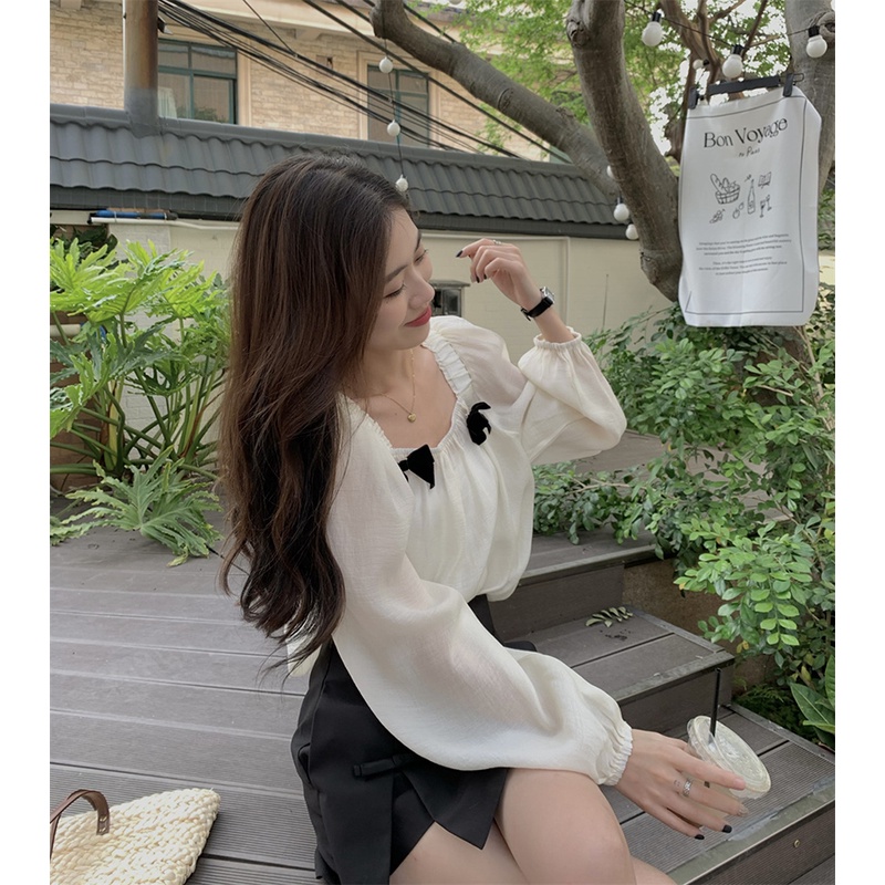 Áo chiffon BH cổ vuông tay dài đính nơ thời trang mùa hè dành cho nữ 2022