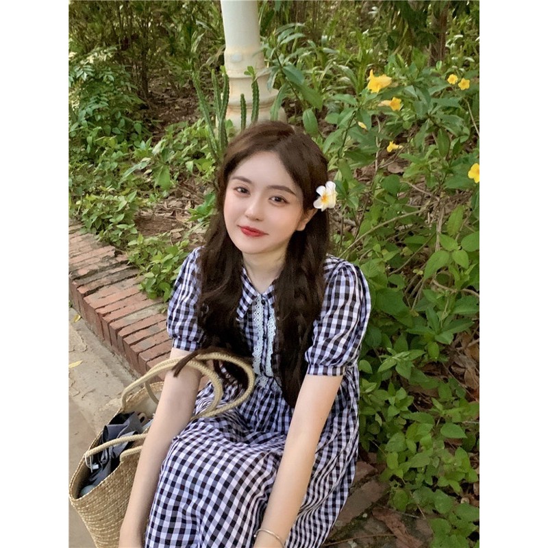 Váy babydoll kẻ caro đen trắng dáng dài vintage dễ thương ulzzang Hàn Quốc [Yannie]