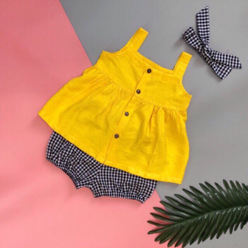 [ XẢ HÀNG] Bộ hè bé gái, bộ áo 2 dây chất đũi cài cúc phối quần thô kẻ và turban cho bé