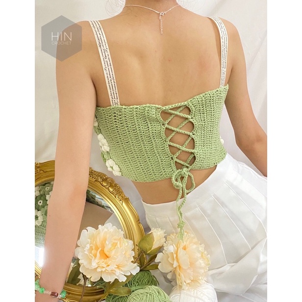 HIN croptop flower áo hoa len ghép thủ công xanh