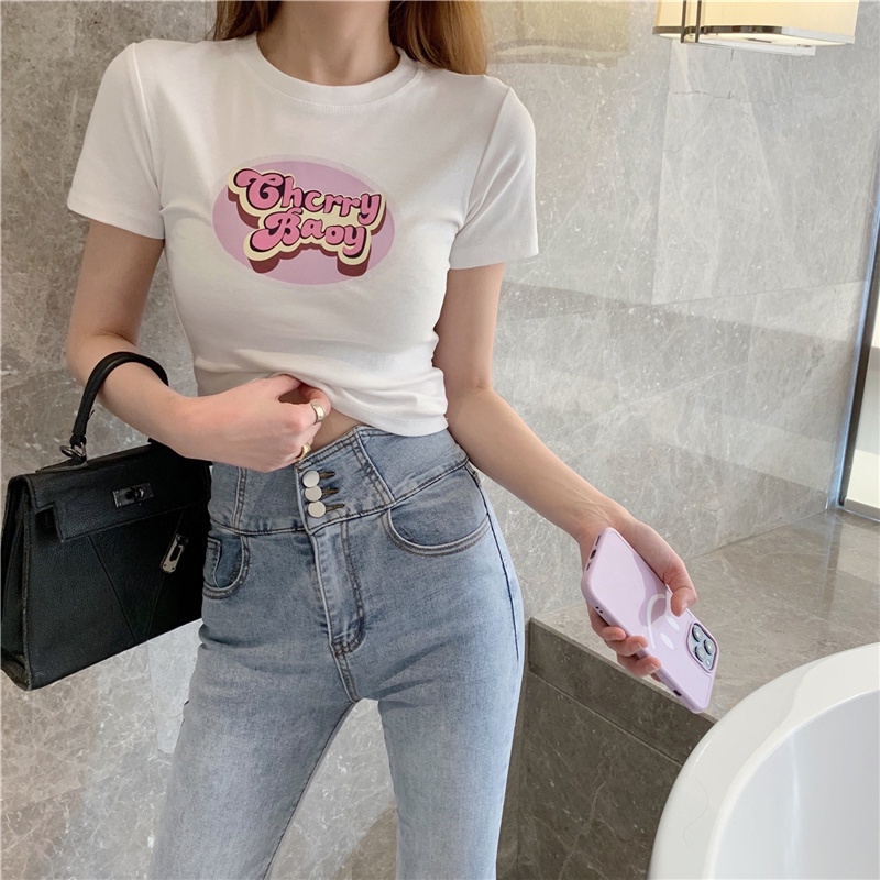 Áo thun tay ngắn dáng ôm in chữ màu hồng thời trang mùa hè hàng mới dành cho bạn nữ