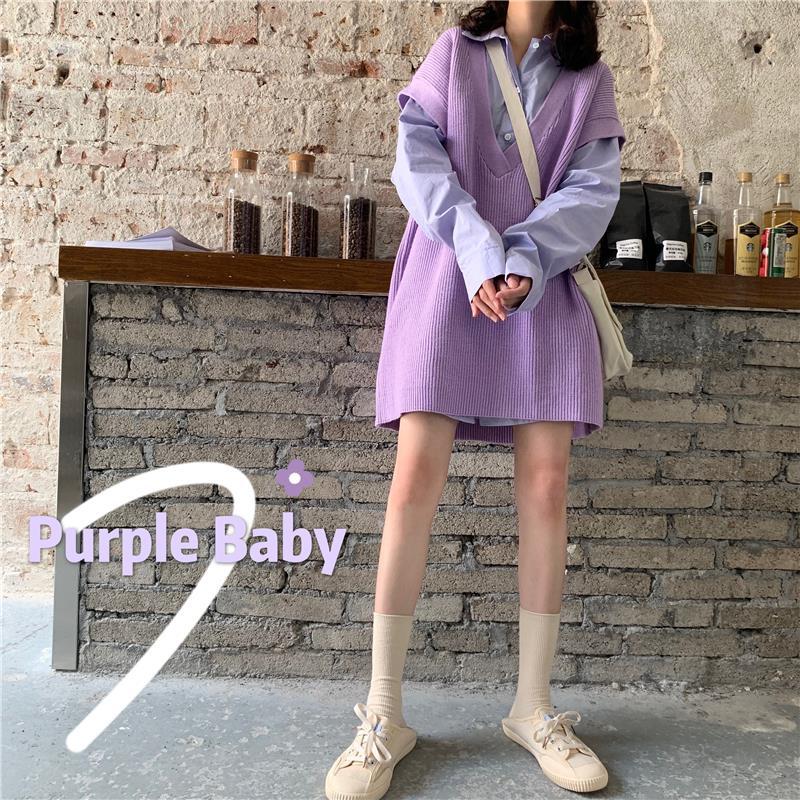 Set Áo Thun Dài Tay Form Rộng Và Áo Khoác Len Không Tay Thời Trang Dành Cho Nữ