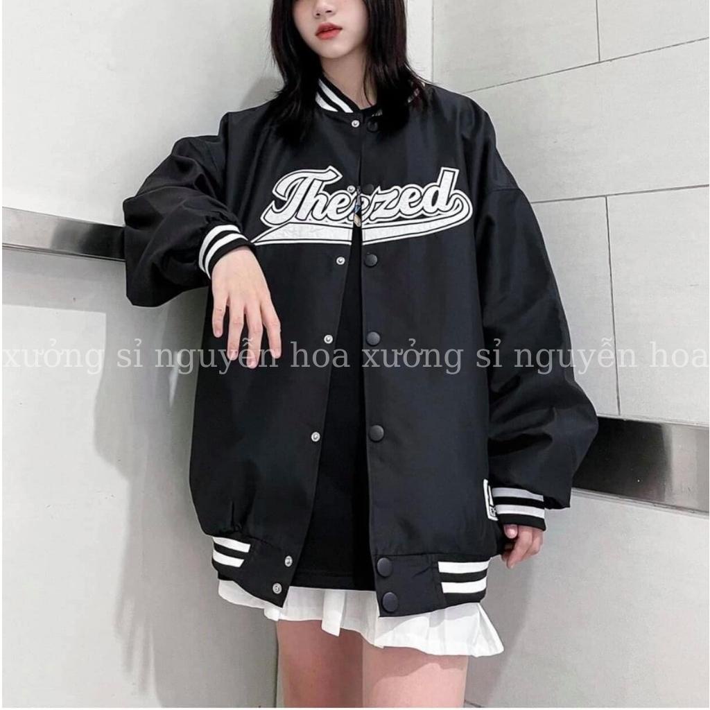 Áo bomber  áo khoác gió 2 lớp in chữ THEZED form dáng rộng unisex nam nữ mặc được màu đen basix phong cách hàng quốc