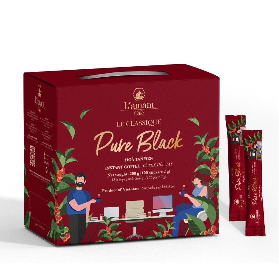 Cà phê hòa tan đen nguyên chất Pure Black (Hộp 100 gói x 2gr) - L'amant Café Pure Black instant coffee